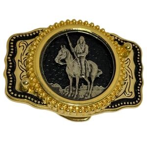 Western Cowboy Native American‎ Horse Rider Belt Buckle Gold Tone Made USA